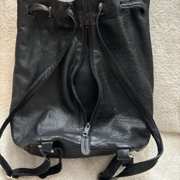 Vintage Black Leather Backpack Drawstring Sack Style Back Zip Pocket Distressed main image 5